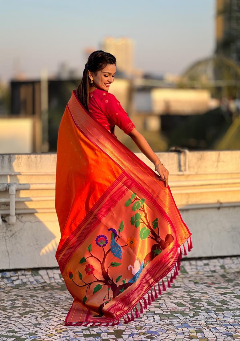 Orange Zari Work Silk Saree Set - Indya