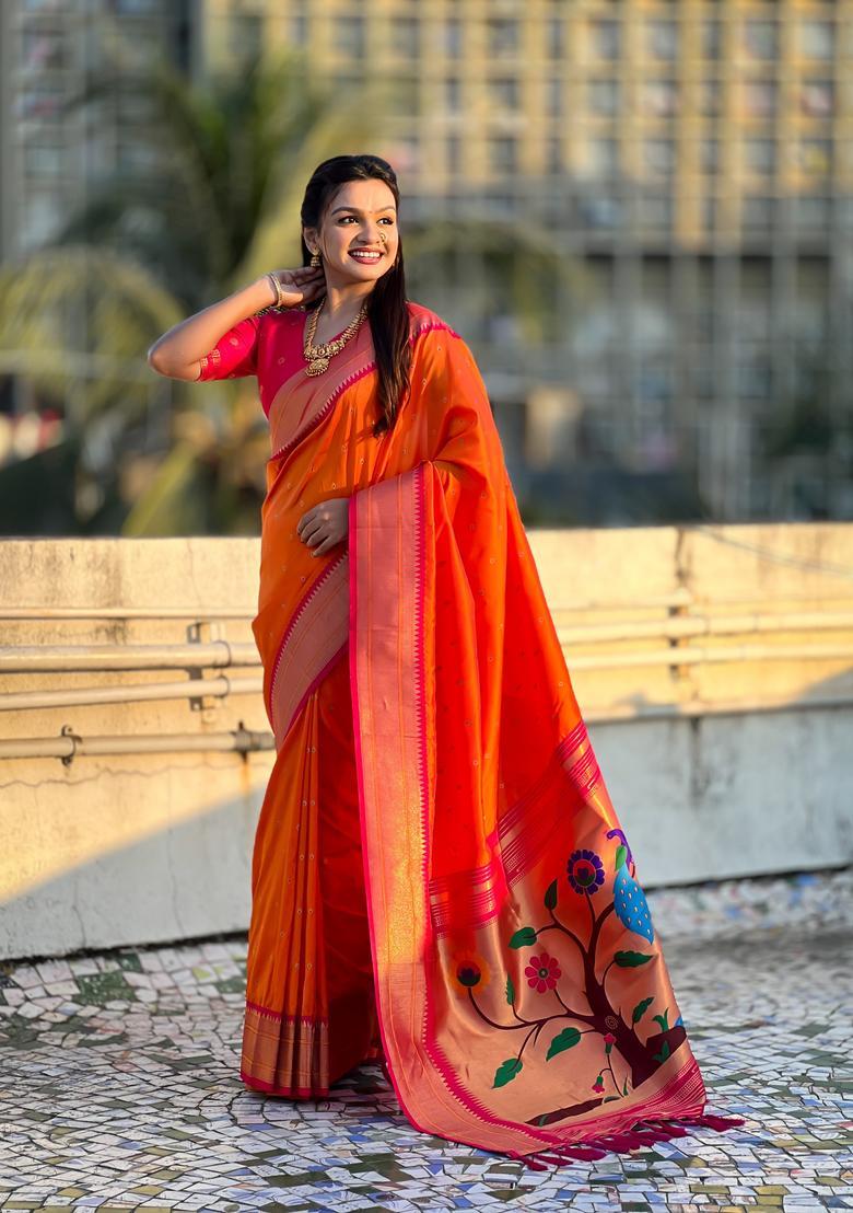Orange Zari Work Silk Saree Set - Indya