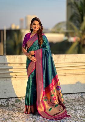 Teal Zari Work Silk Saree Set