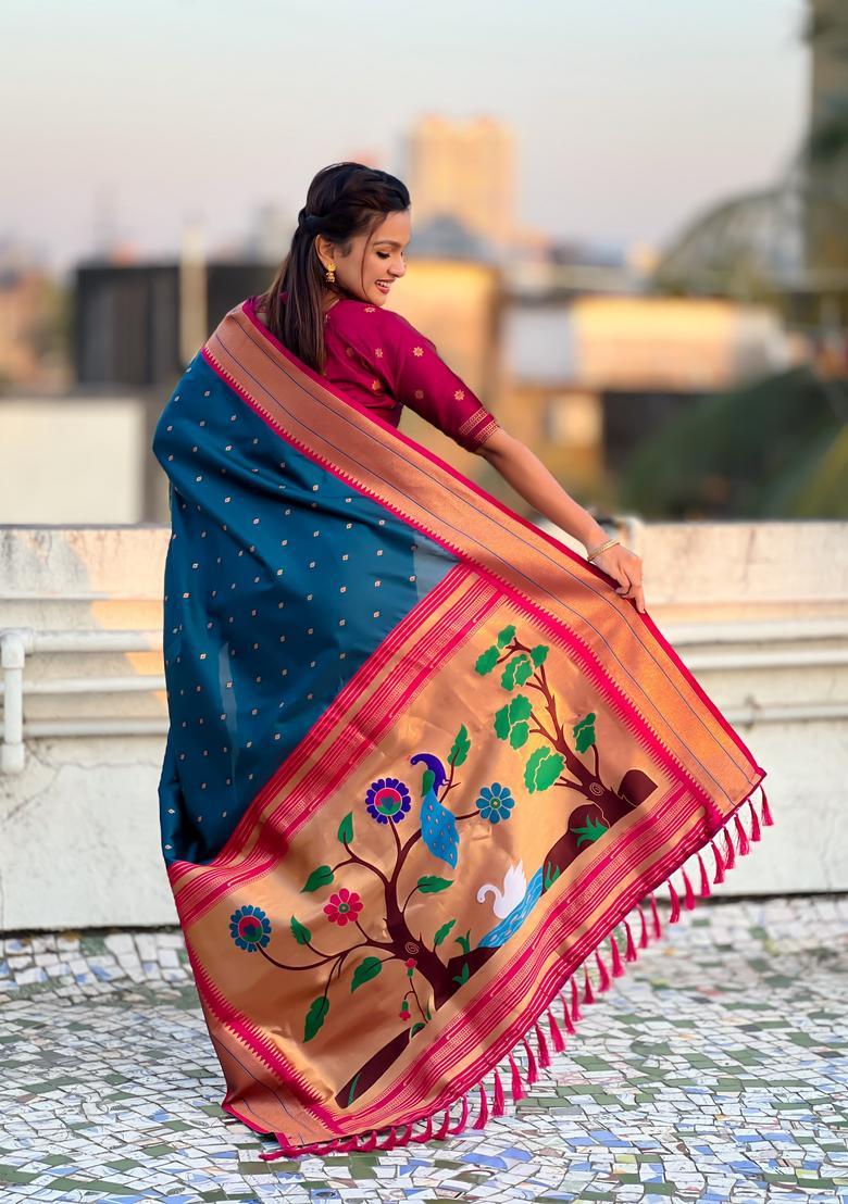 Teal Zari Work Silk Saree Set - Indya