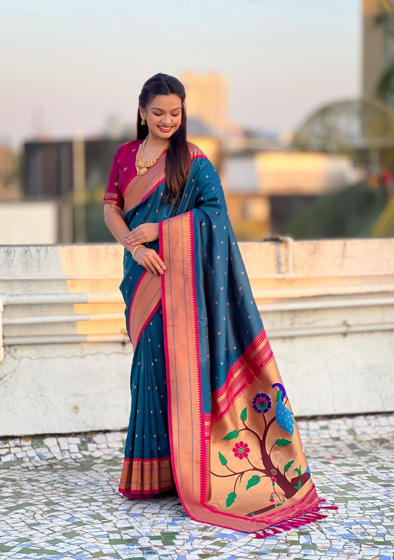 Teal Zari Work Silk Saree Set - Indya