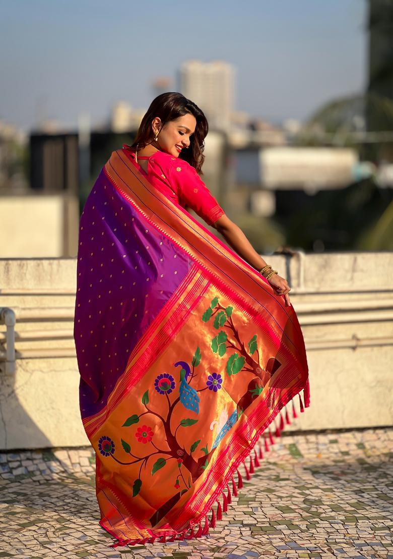 Purple Zari Work Silk Saree Set - Indya