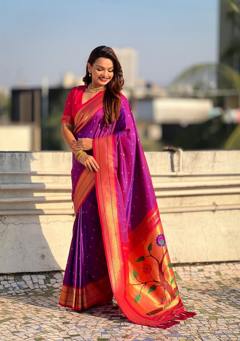 Purple Zari Work Silk Saree Set - Indya