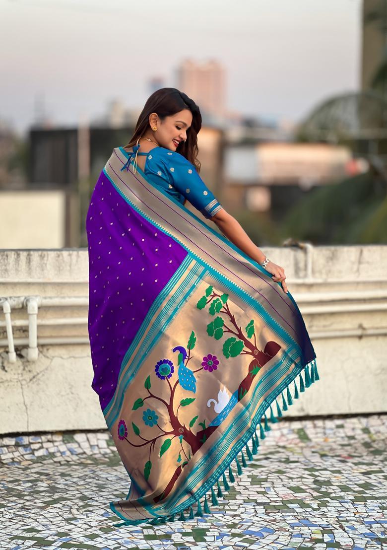 Purple Zari Work Silk Saree Set - Indya