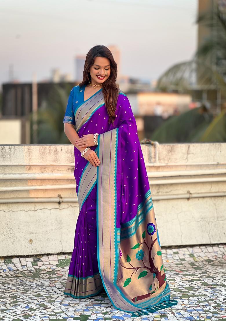 Purple Zari Work Silk Saree Set - Indya