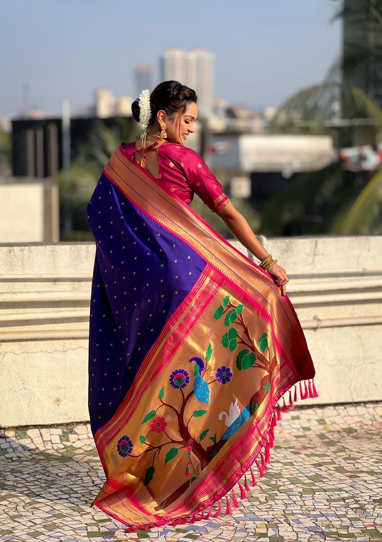 Violet Zari Work Silk Saree Set - Indya