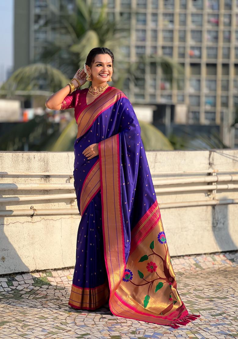 Violet Zari Work Silk Saree Set - Indya