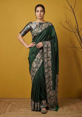 Green Printed Silk Saree Set