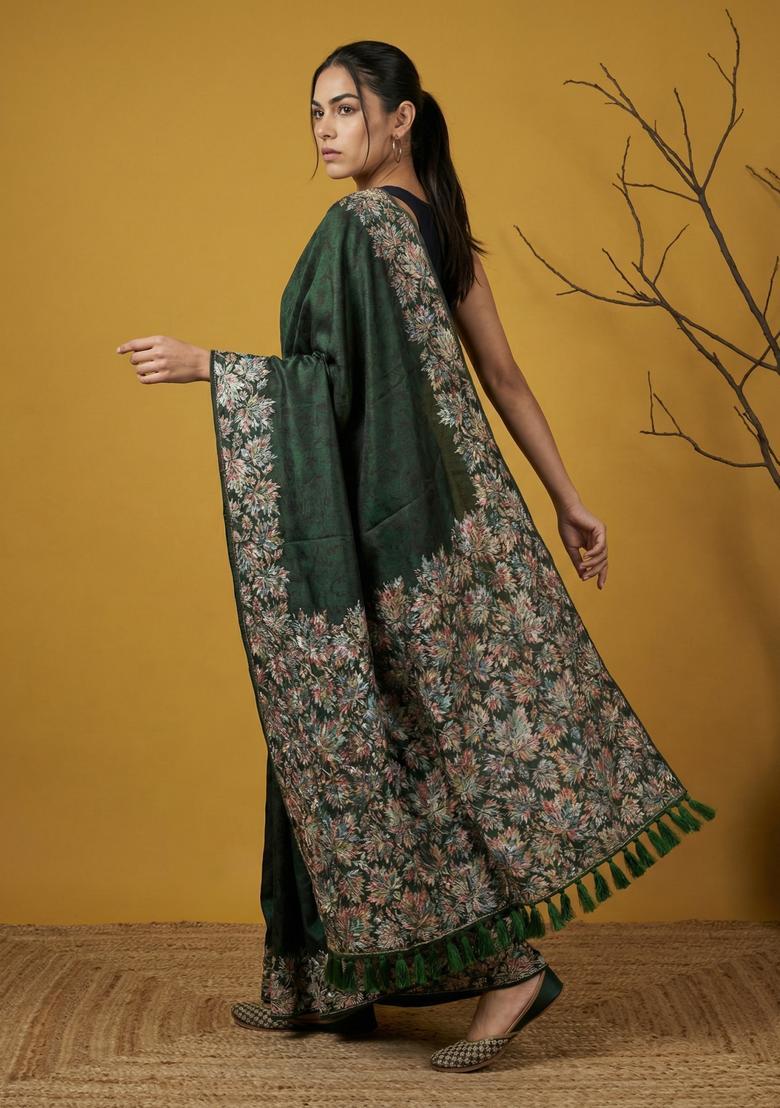 Green Printed Silk Saree Set - Indya