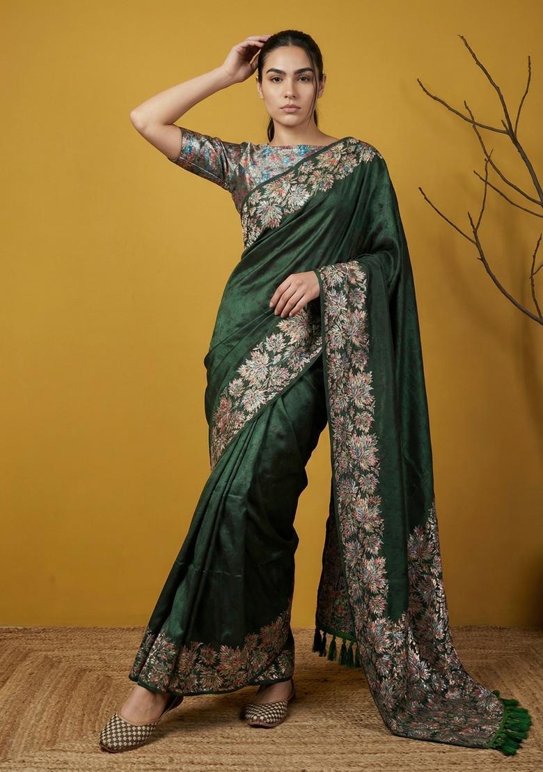 Green Printed Silk Saree Set - Indya