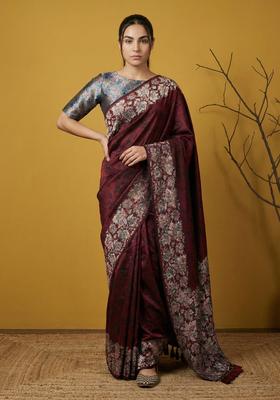Maroon Printed Silk Saree Set
