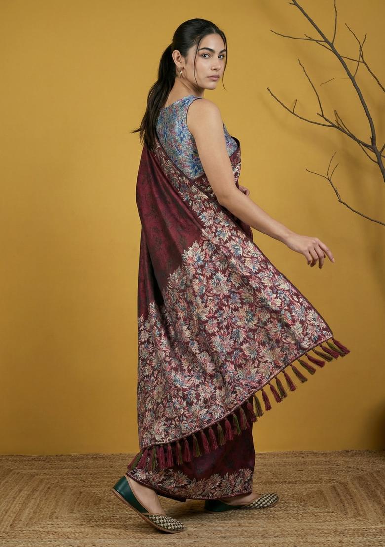 Maroon Printed Silk Saree Set - Indya