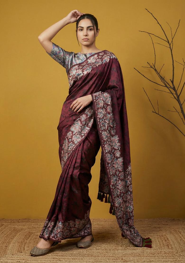 Maroon Printed Silk Saree Set - Indya