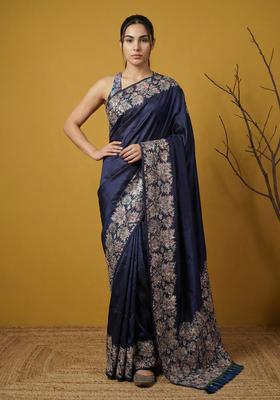 Blue Printed Silk Saree Set