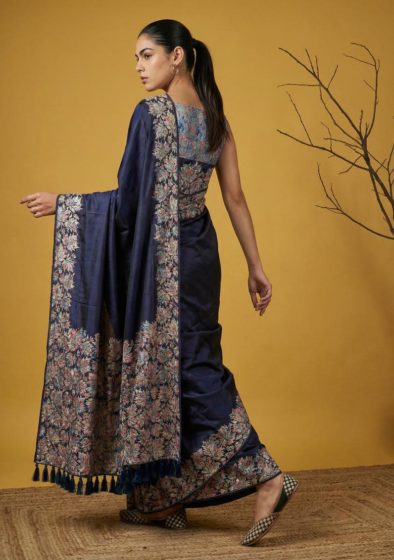 Blue Printed Silk Saree Set - Indya