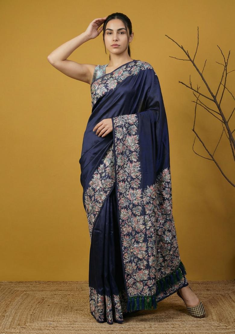 Blue Printed Silk Saree Set - Indya