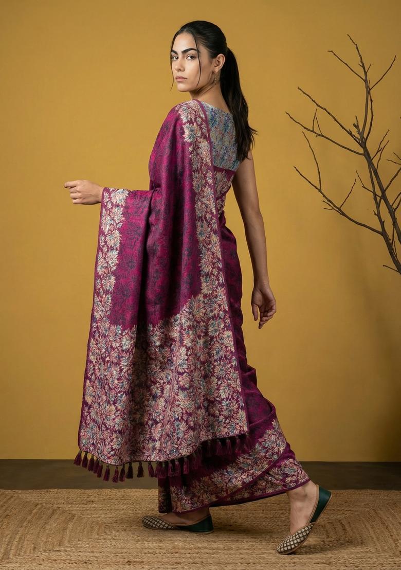 Pink Printed Silk Saree Set - Indya