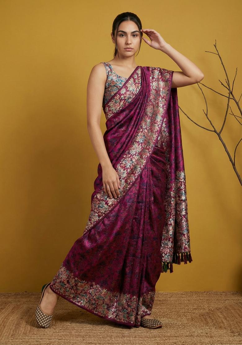 Pink Printed Silk Saree Set - Indya