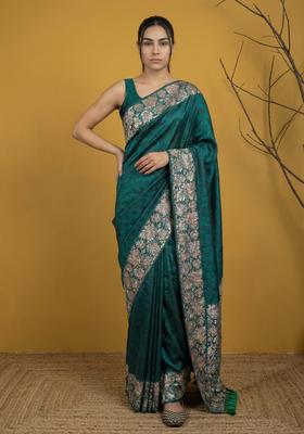 Green Printed Silk Saree Set