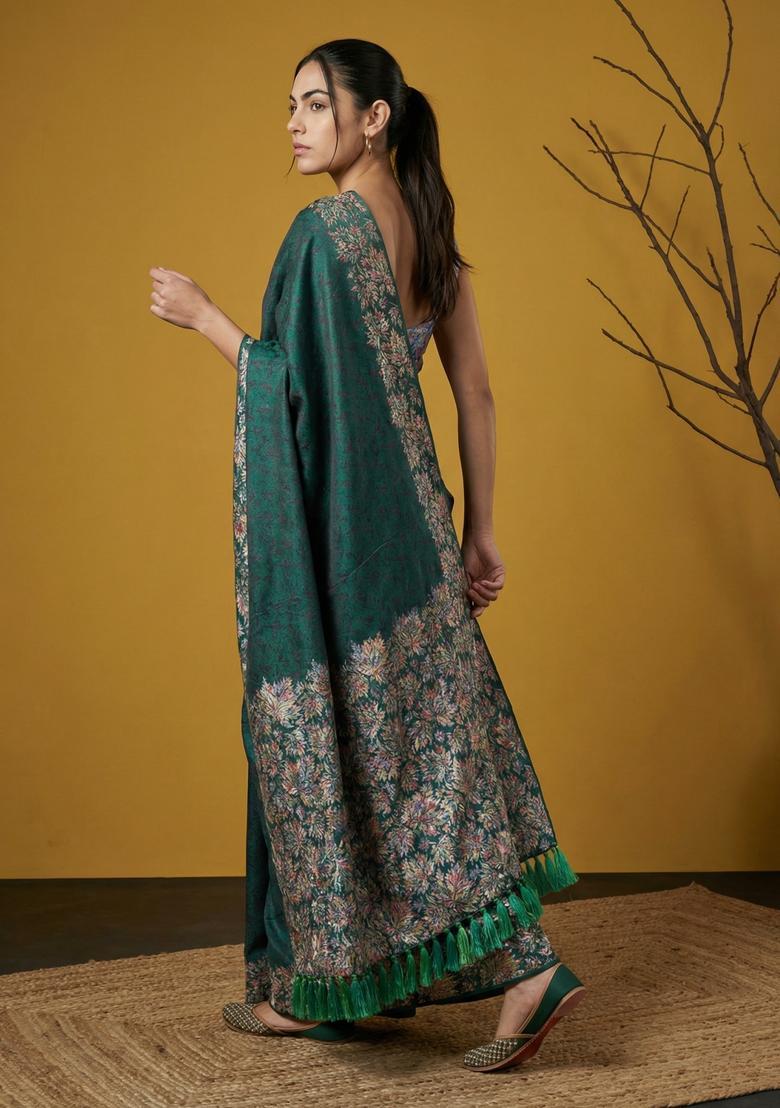 Green Printed Silk Saree Set - Indya