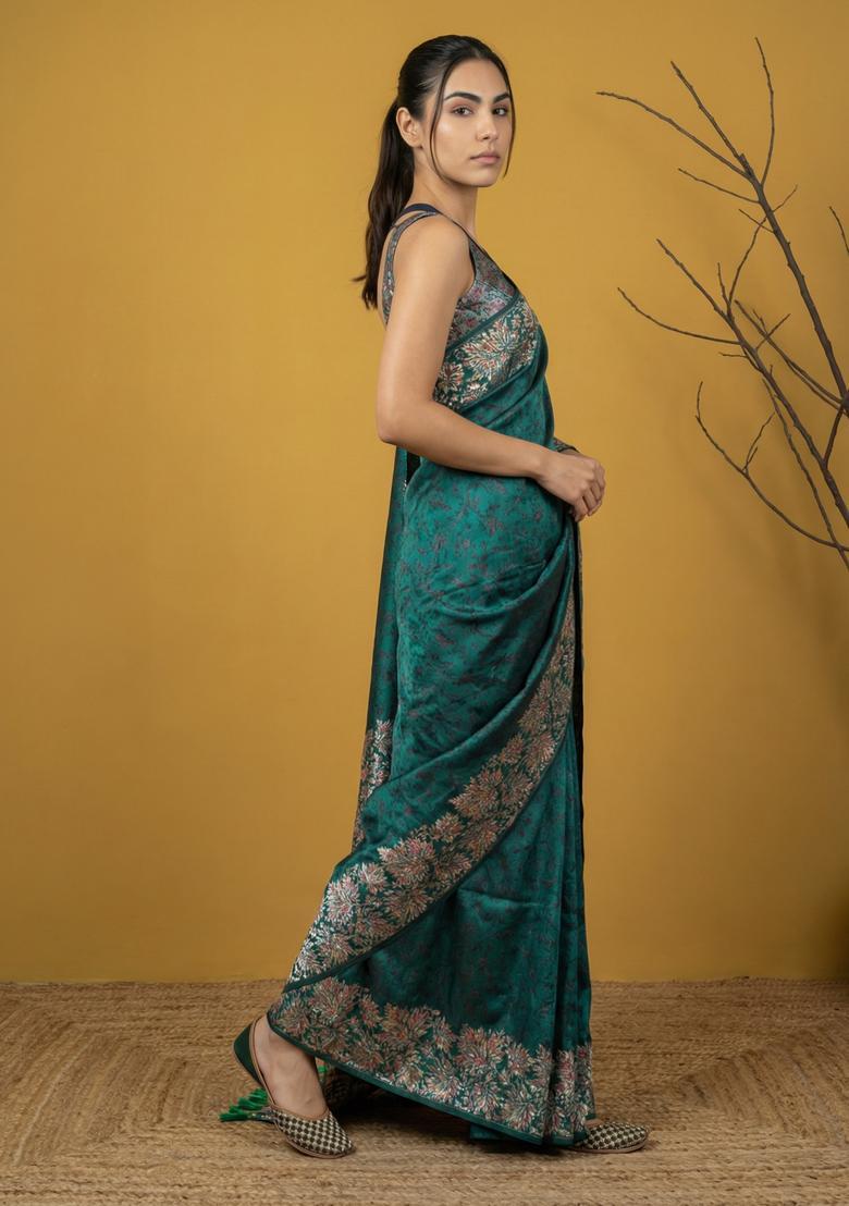 Green Printed Silk Saree Set - Indya