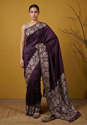 Wine Printed Silk Saree Set