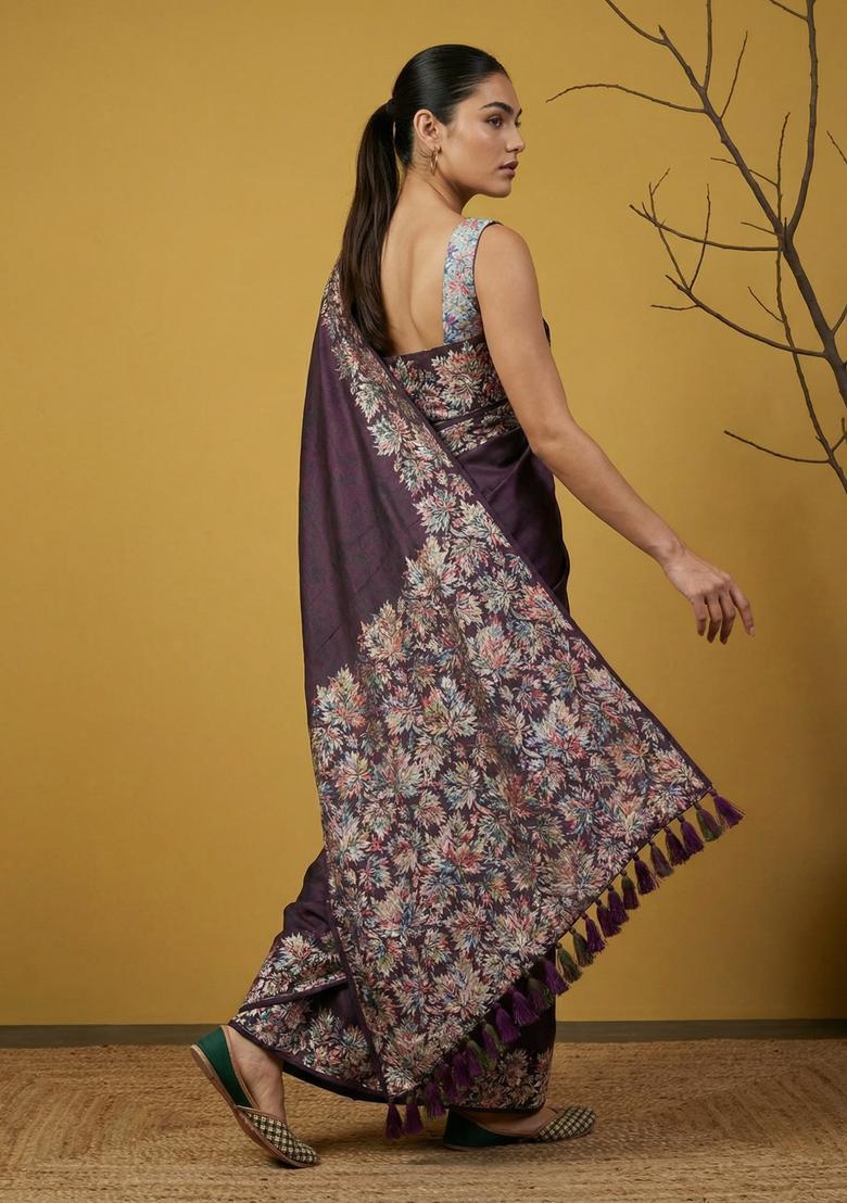 Wine Printed Silk Saree Set - Indya