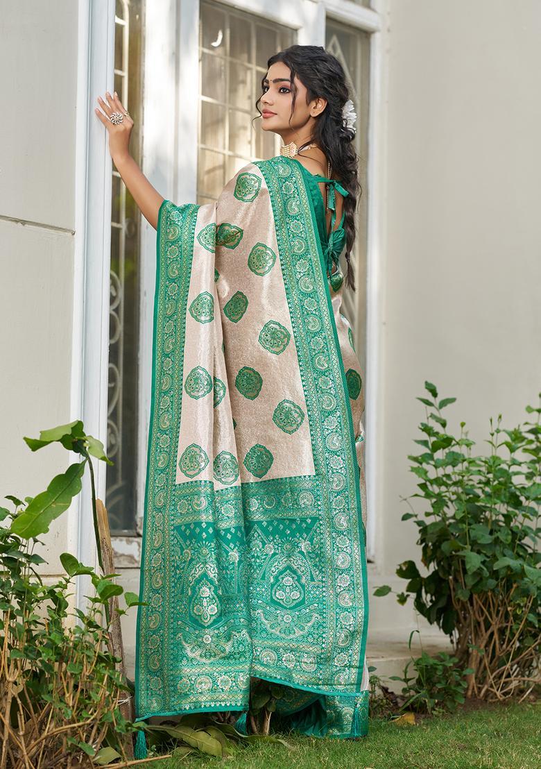 Sea Green Printed Silk Saree Set - Indya