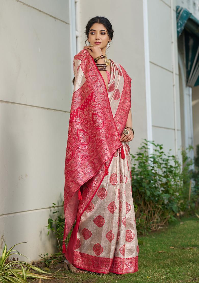 Red Printed Silk Saree Set - Indya