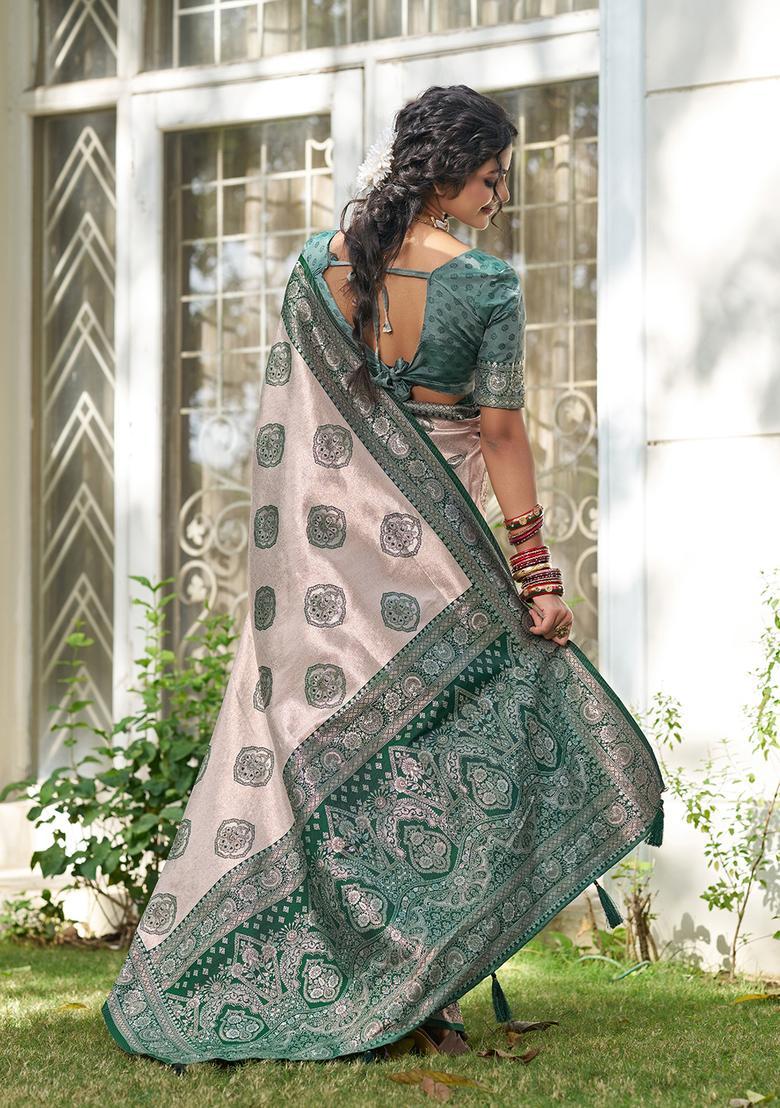 Green Printed Silk Saree Set - Indya