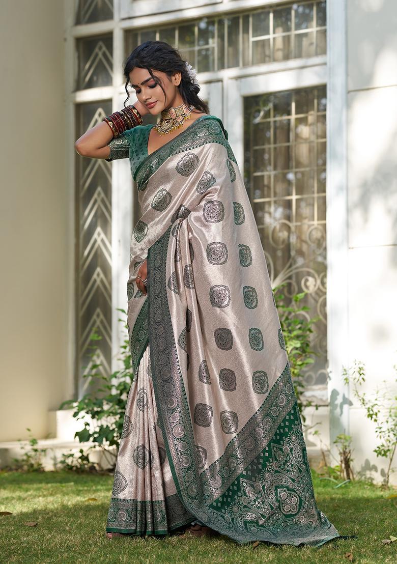 Green Printed Silk Saree Set - Indya