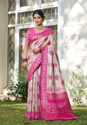 Pink Printed Silk Saree Set