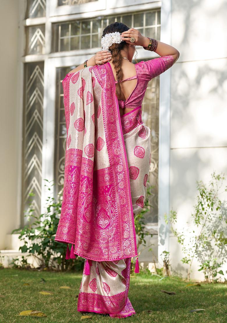 Pink Printed Silk Saree Set - Indya