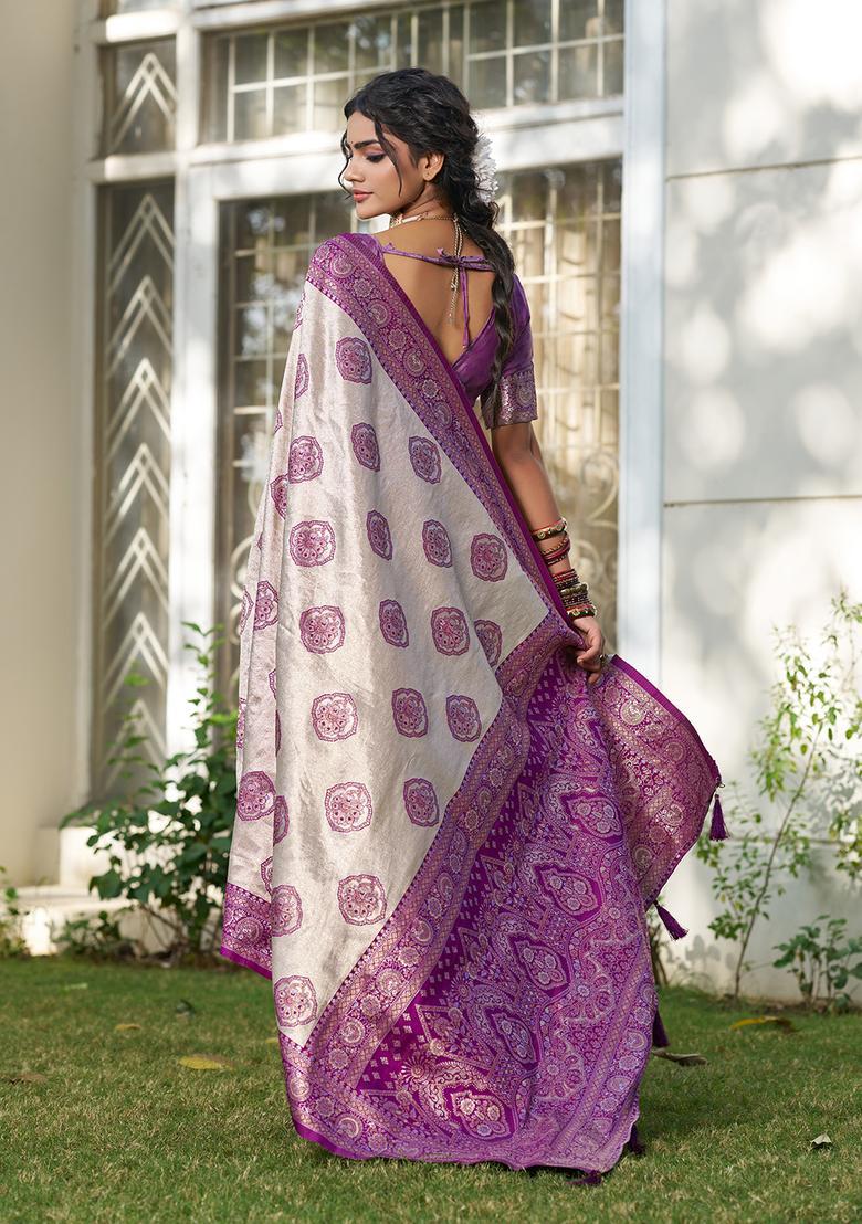 Purple Printed Silk Saree Set - Indya