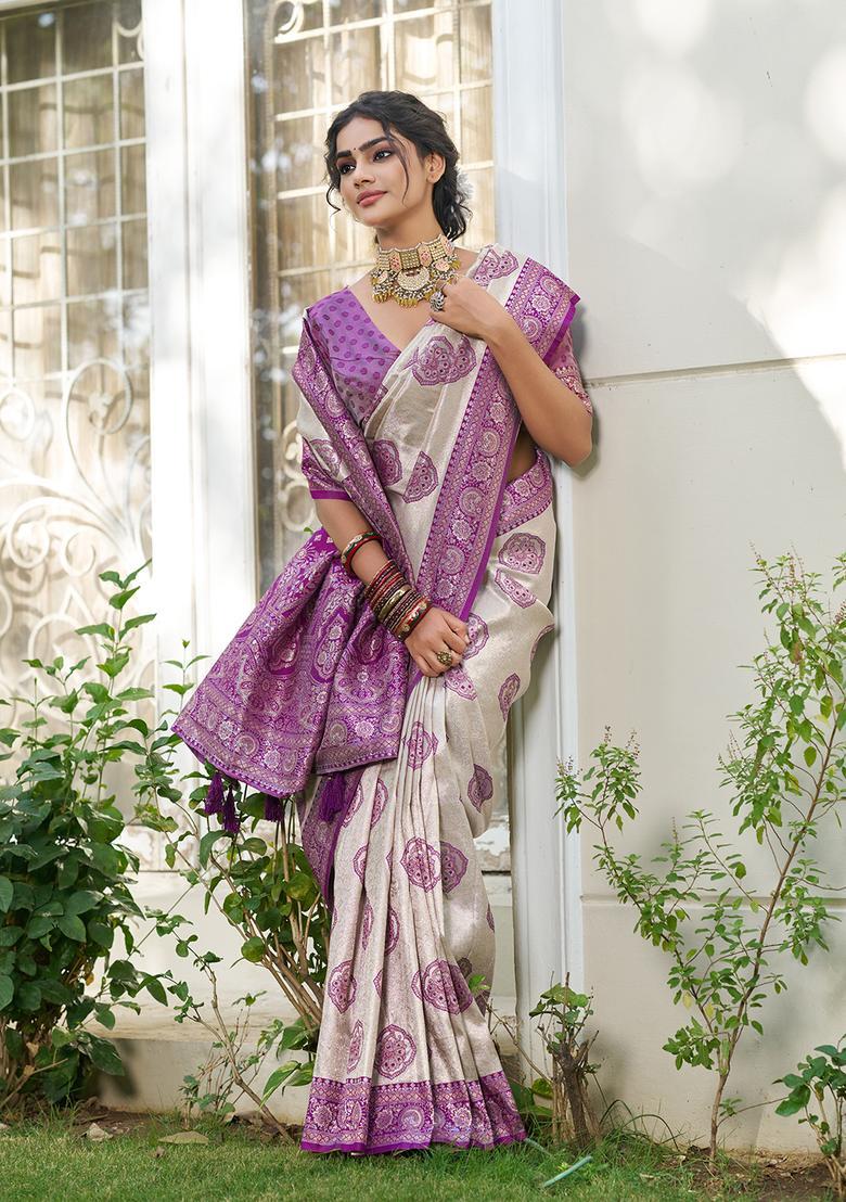 Purple Printed Silk Saree Set - Indya