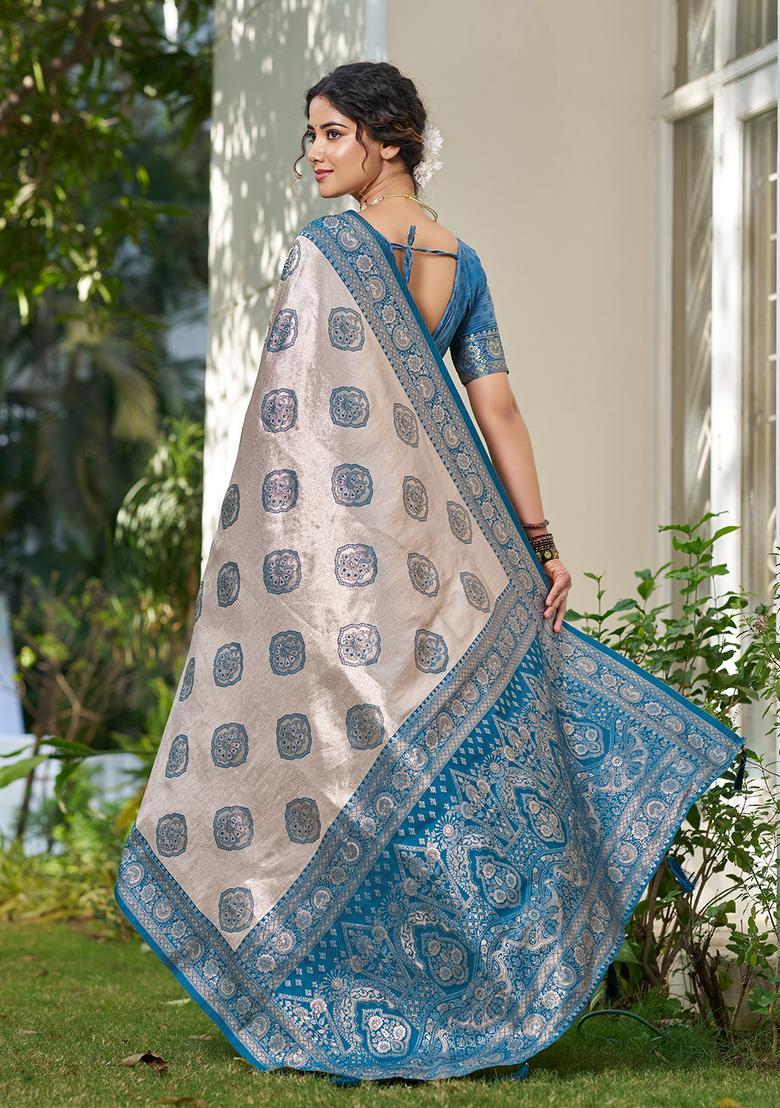 Blue Printed Silk Saree Set - Indya