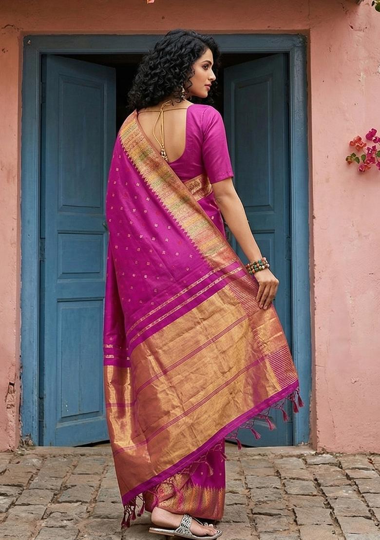 Magenta Zari Work Silk Saree Set - Indya