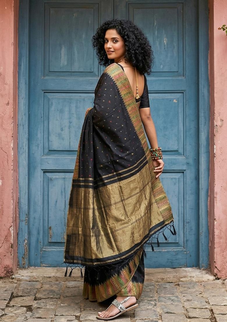 Black Zari Work Silk Saree Set - Indya