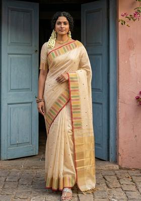 Cream Zari Work Silk Saree Set