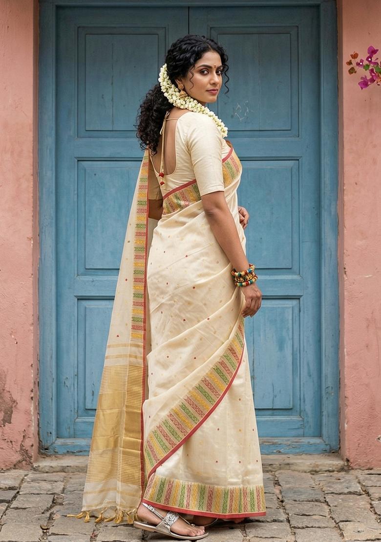 Cream Zari Work Silk Saree Set - Indya