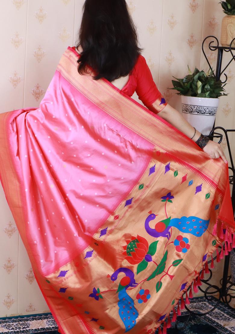 Pink Bandhej Silk Saree Set - Indya