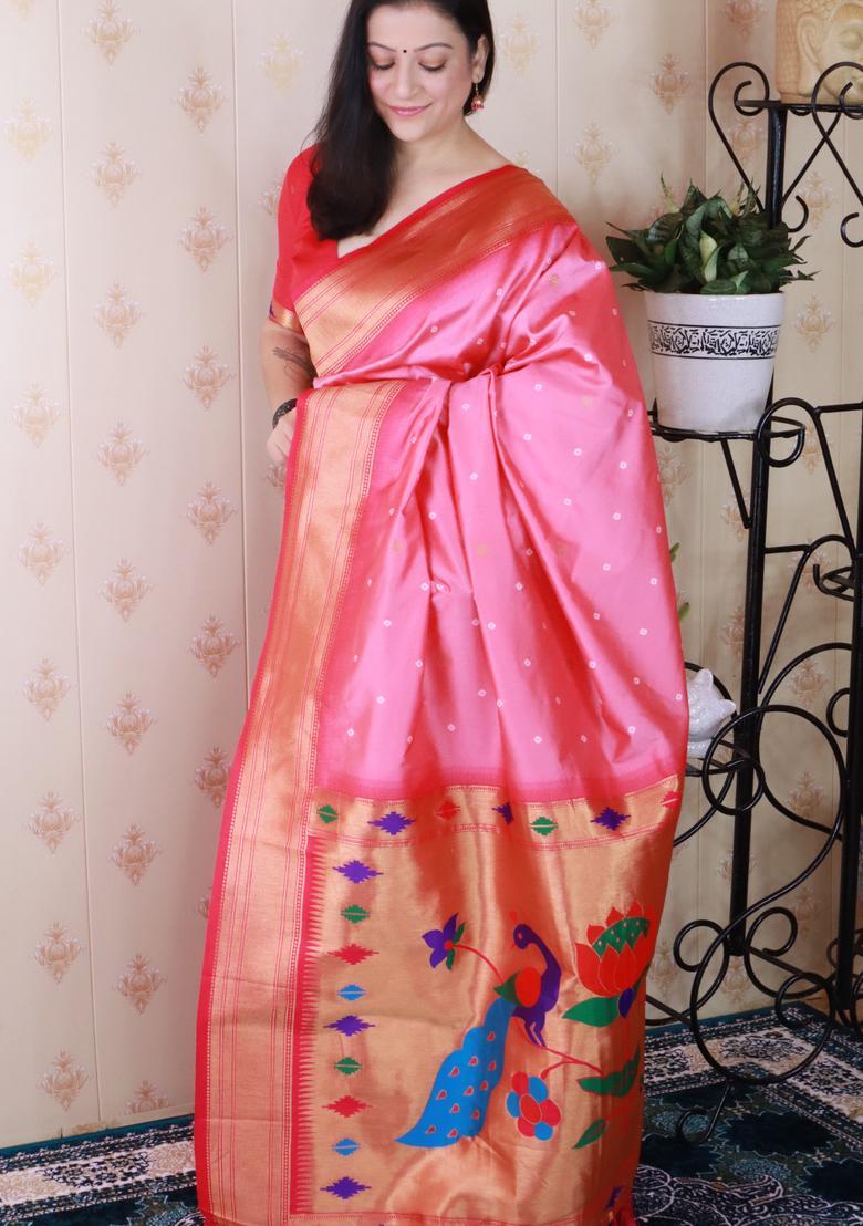 Pink Bandhej Silk Saree Set - Indya