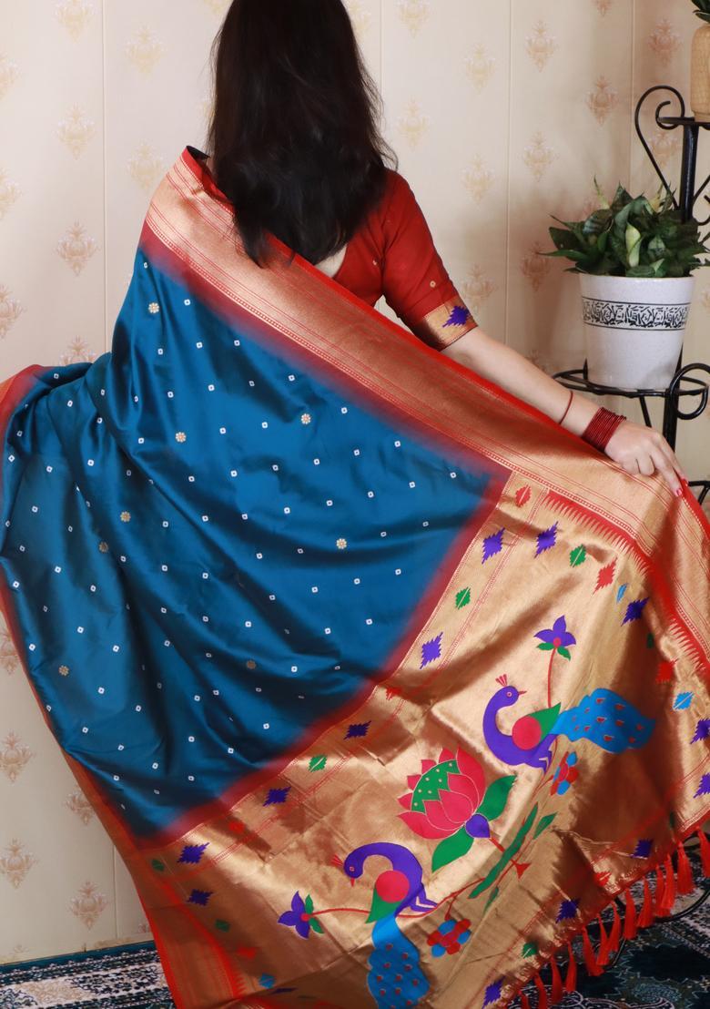 Blue Bandhej Silk Saree Set - Indya
