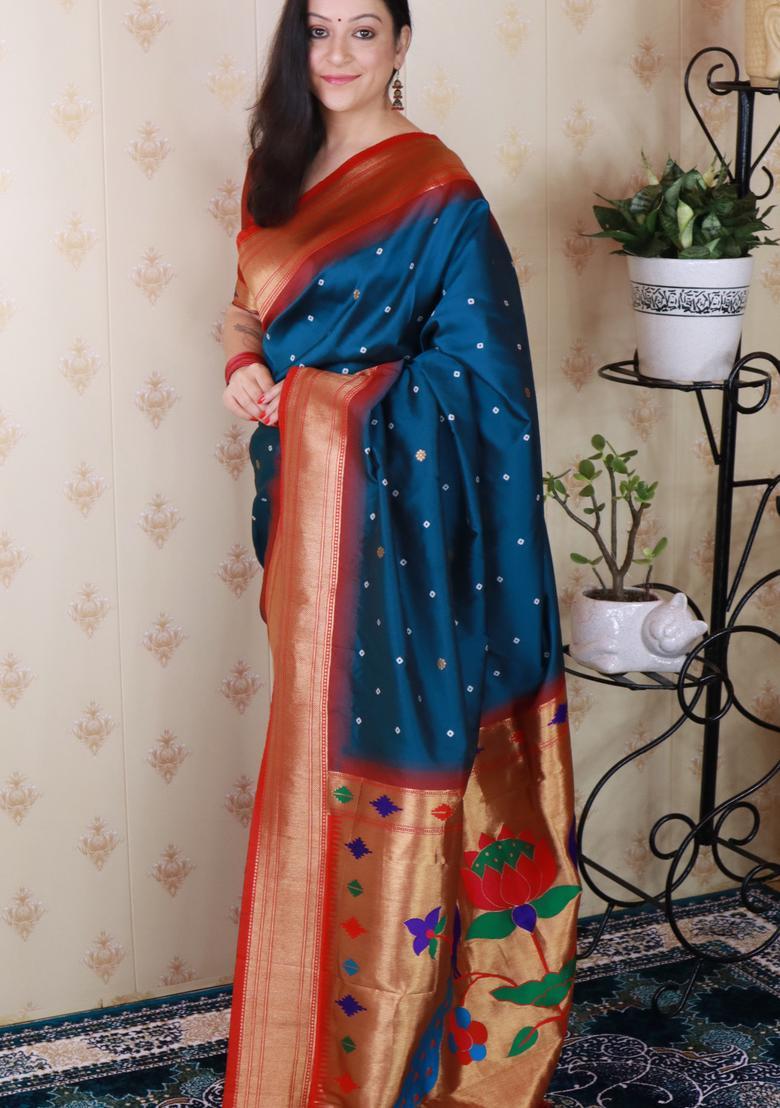 Blue Bandhej Silk Saree Set - Indya
