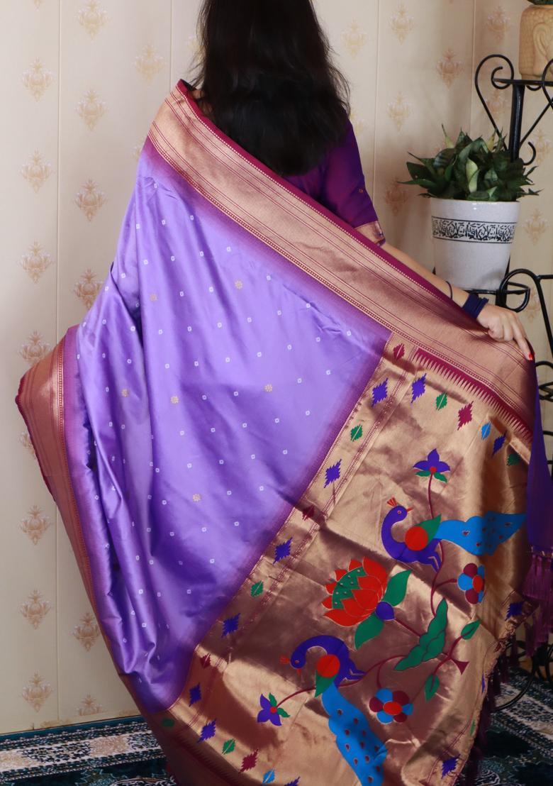 Lavender Bandhej Silk Saree Set - Indya