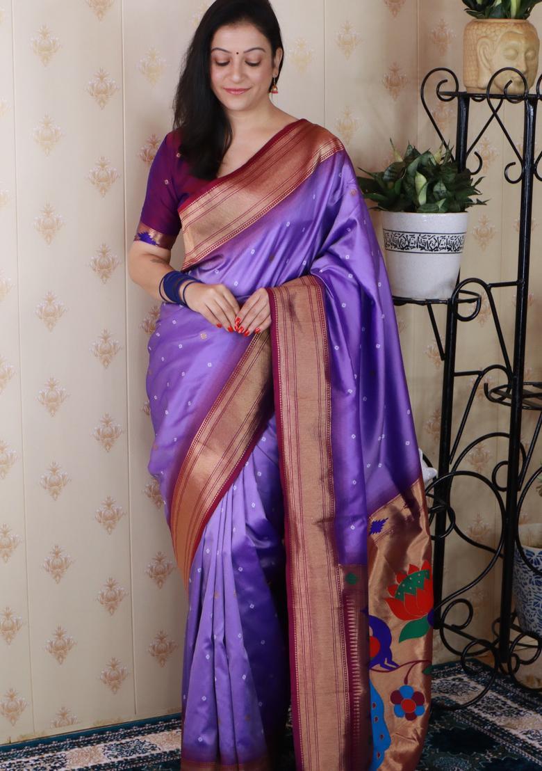 Lavender Bandhej Silk Saree Set - Indya