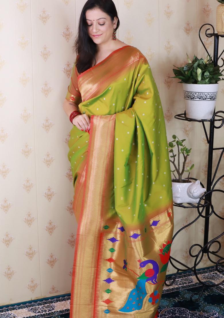 Green Bandhej Silk Saree Set - Indya
