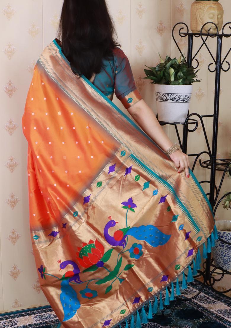 Orange Bandhej Silk Saree Set - Indya