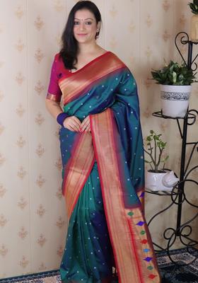 Teal Bandhej Silk Saree Set