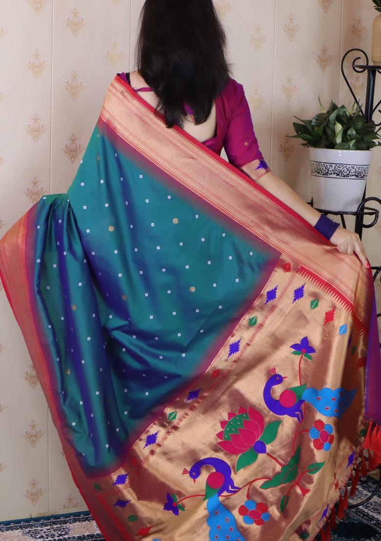 Teal Bandhej Silk Saree Set - Indya